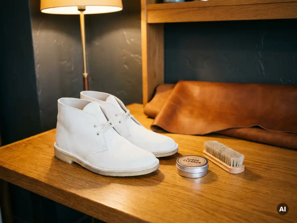 Witte suède schoenen op eiken houten ondergrond, met zachte borstel en blik suède reiniger ernaast.